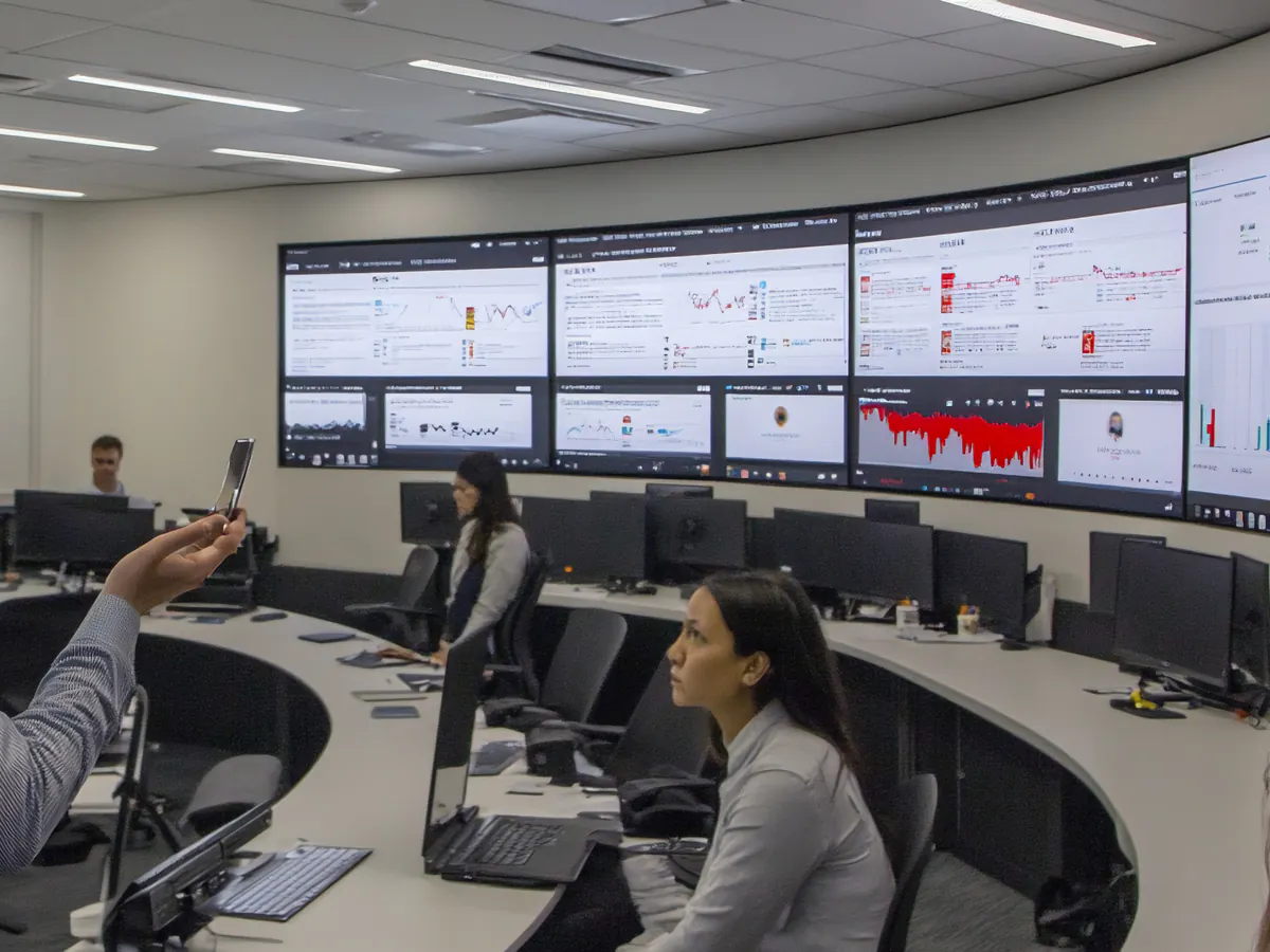 Equipo analiza indicadores operativos en una sala de control empresarial
