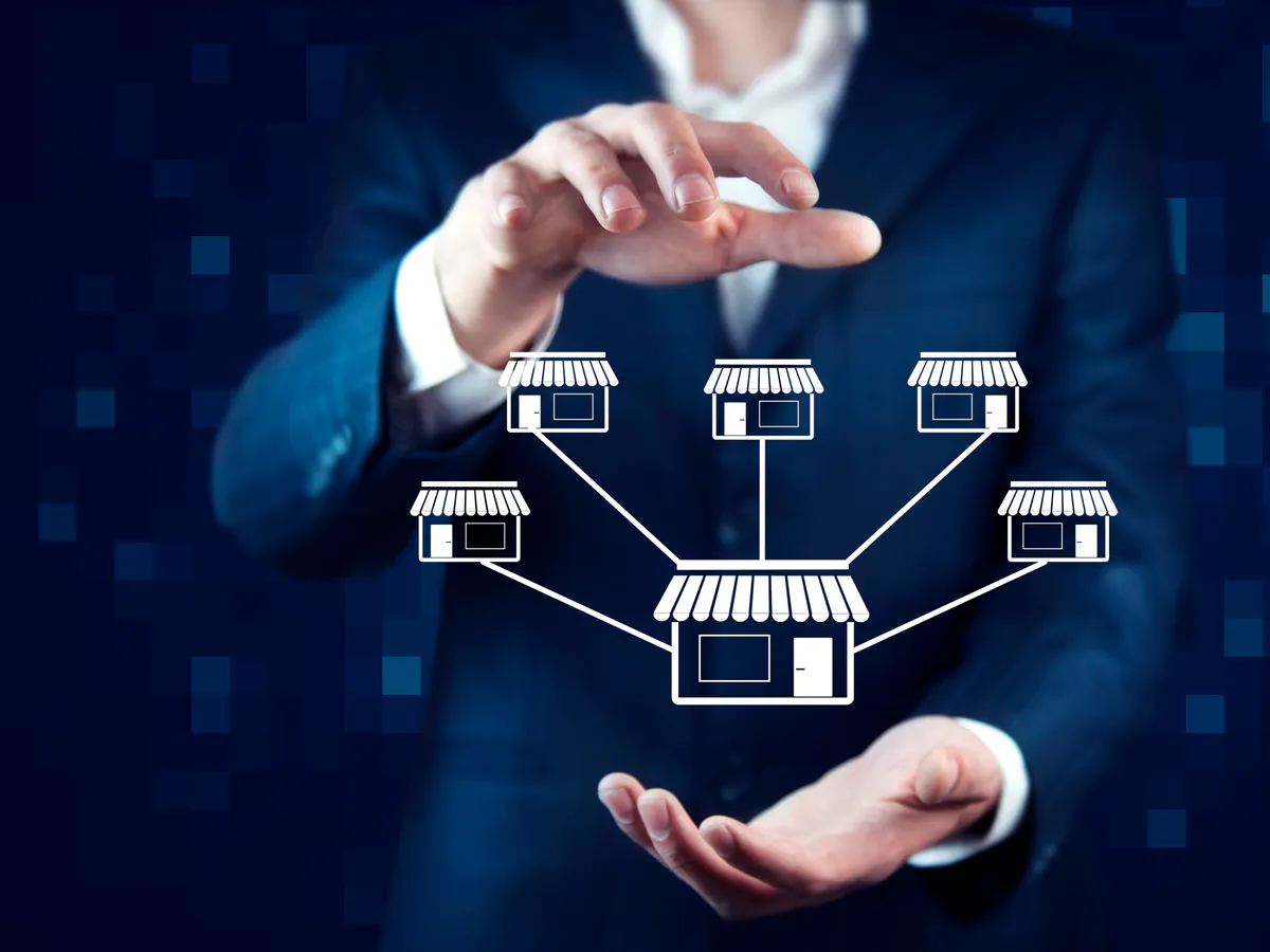 Red de establecimientos conectados representa infraestructura digital para franquicias con control central y ejecución local.