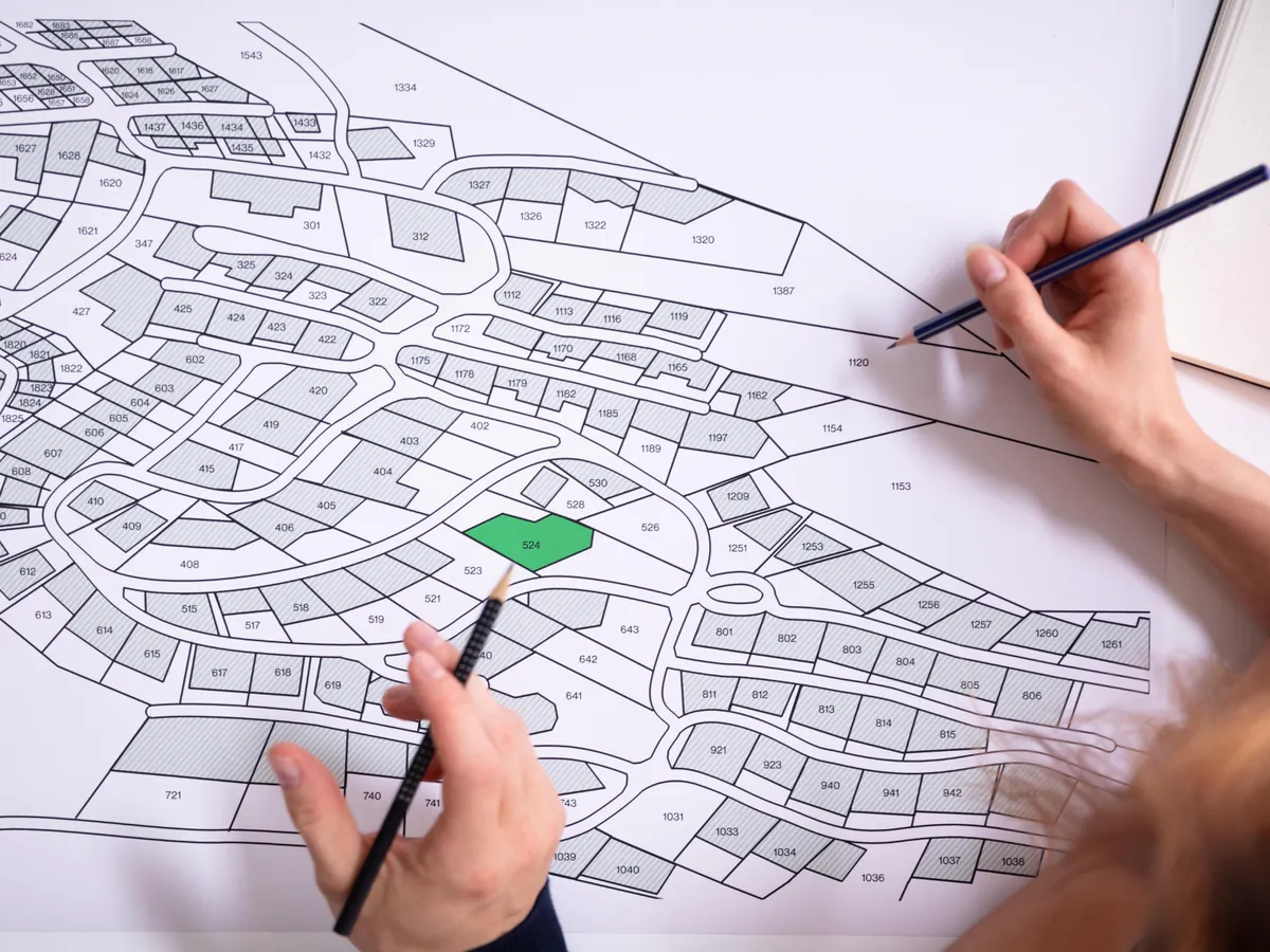 Profesional delimita zonas y ubicaciones sobre un plano para estructurar una estrategia de SEO local.