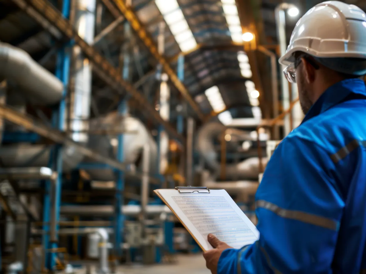 Especialista inspecciona una infraestructura industrial con una lista de verificación de desempeño.
