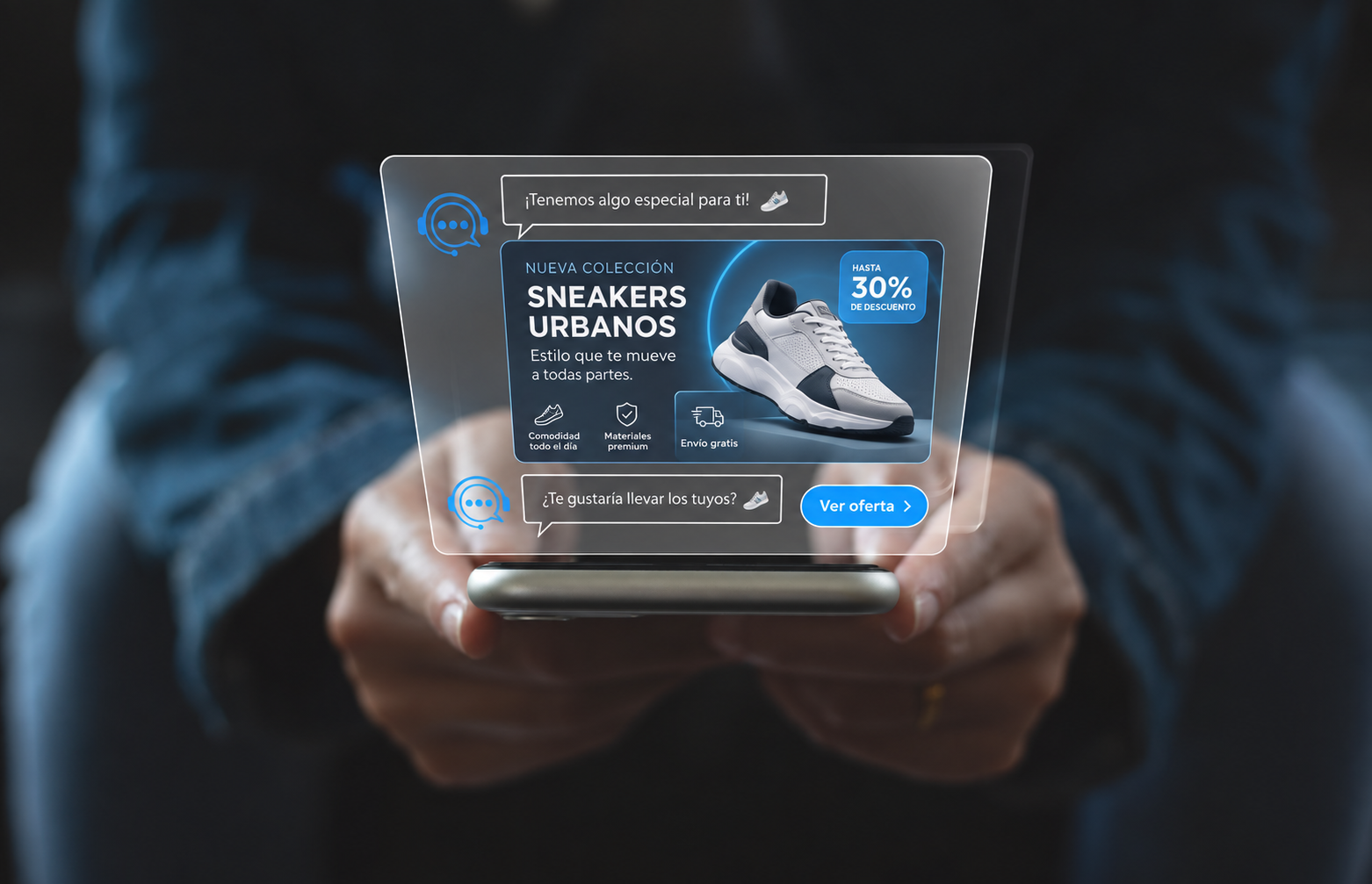 Ilustración de una oferta de sneakers urbanos en una interfaz conversacional holográfica sobre un teléfono.