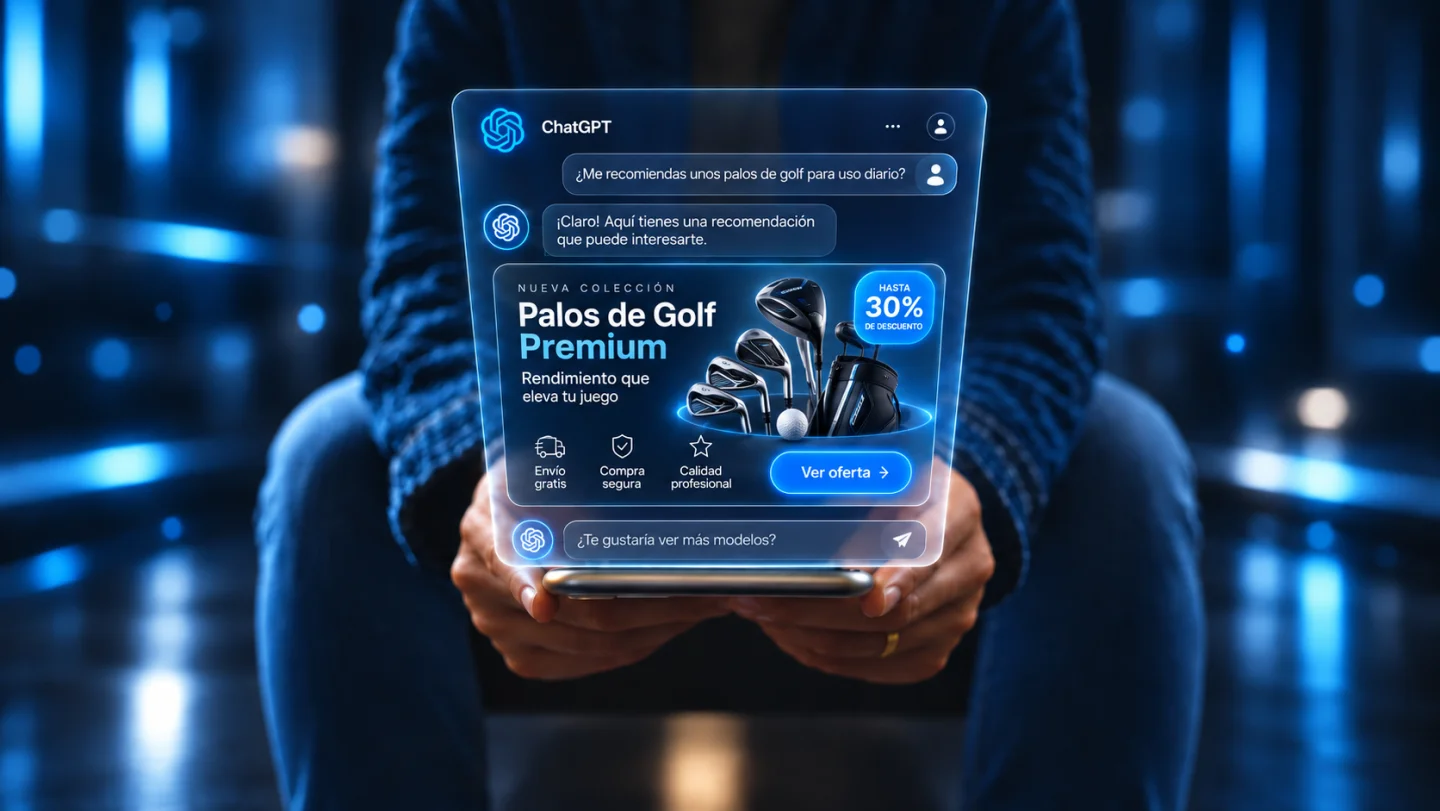 Ilustración conceptual de una oferta de palos de golf en una interfaz conversacional holográfica.