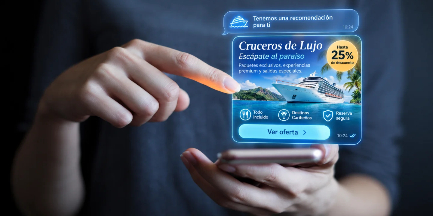 Ilustración conceptual de una oferta de crucero en una interfaz holográfica sobre un teléfono.